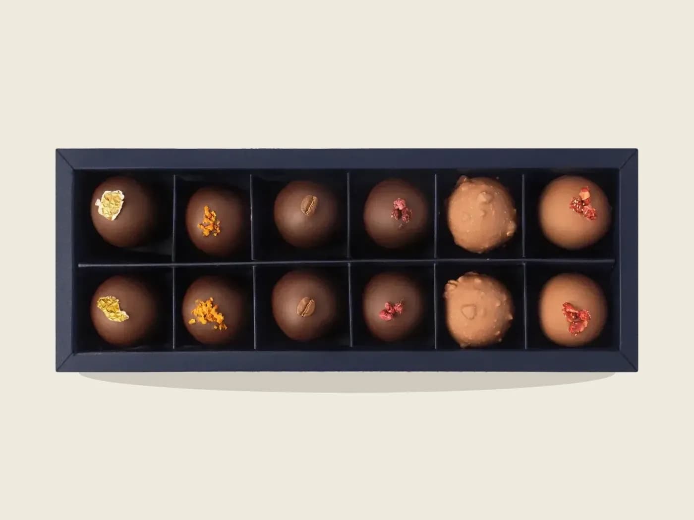 The box of 12, open, seen from above.
